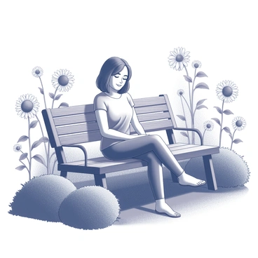 A person sitting on a wooden bench in a garden. The individual has a relaxed posture and a peaceful expression. Surrounding them are various flowers, including tall sunflowers and delicate daisies, which create a rich, textured background. The greenery of the garden is lush, with neatly trimmed grass and bushes providing a natural frame for the scene. The atmosphere conveys a sense of calm and acceptance, as the person is immersed in the beauty of their surroundings.