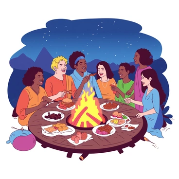 A group of diverse travelers, depicted with various skin tones and hairstyles, is gathered around a large fire, sharing a feast. Candide, distinguished by his light-colored hair, sits at the center, laughing while holding a piece of roasted meat. Surrounding him are individuals of different backgrounds, each with unique attire representing their cultures. A large round wooden table is laden with an assortment of colorful dishes, including fruits and bread. The flames from the fire cast flickering shadows on their faces, creating a warm atmosphere. The night sky above is filled with stars, adding to the cozy setting.