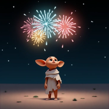 A small, house-elf with large ears and big, expressive eyes is standing in an open field. He is wearing a tattered piece of fabric as a garment. Dobby's face is filled with a look of wonder as he gazes up at the night sky. Above him, vibrant fireworks of red, blue, green, and yellow are exploding in a dazzling display, illuminating the surroundings. The bursts of color reflect off Dobby's face, highlighting his features and adding to the sense of awe in the scene. The ground is scattered with small patches of grass, and the backdrop reveals a dark sky filled with sparkling stars.