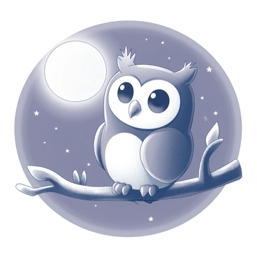 A cartoon owl with large, curious eyes perched on a branch. The owl has a rounded body and prominent tufts on its head. The branch is thick, with textured bark and leaves surrounding it. Above, a large full moon casts a soft light, illuminating the owl and creating a serene atmosphere. The night sky is filled with scattered stars, adding to the whimsical scene. The owl appears attentive and alert, looking out into the darkness of the night.