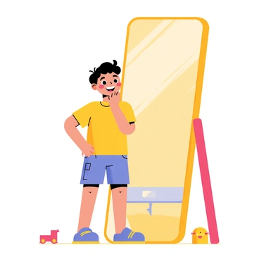A child standing in front of a tall mirror with a bright, smiling expression. The child has their chin lifted high, showcasing a sense of confidence. They are wearing a colorful t-shirt and shorts, and their hair is styled playfully. The mirror reflects the child's image clearly, highlighting their joyful demeanor. The background features a sunny room with cheerful decorations and a few toys scattered on the floor.