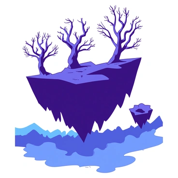A mysterious shadowy realm with floating islands and twisted trees