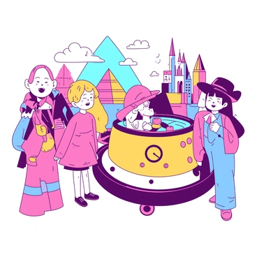 A group of four children is gathered around a quirky time machine that is brightly colored in two distinct tones. The time machine has a round shape with whimsical details such as oversized buttons and spinning gears. Each child is dressed in different styles representing various time periods they are visiting. One child wears a toga from ancient Greece, another is in a Victorian dress, while a third is clad in a futuristic jumpsuit, and the fourth wears a cowboy outfit from the Wild West era. The background features elements from multiple eras, including a pyramid, a medieval castle, and a futuristic city skyline, merging together in a vibrant scene. The children's expressions are filled with excitement as they prepare to embark on their next adventure through time.