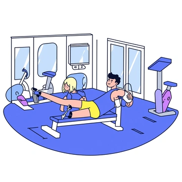 A modern gym interior featuring a variety of exercise machines. In the center of the gym is a cable crunch station with adjustable pulleys and a padded bench. Surrounding it are other machines, including a treadmill, a stationary bike, and a weightlifting bench. The gym has large windows that let in natural light, illuminating the space and creating a vibrant atmosphere. The floor is made of smooth rubber material and is marked with designated workout zones.