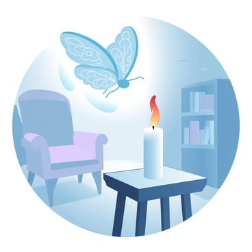 A moth with delicate wings, featuring intricate patterns, is flying towards a flickering candle flame. The candle is placed on a small wooden table, casting a warm glow that illuminates the immediate area. Surrounding the table is a dimly lit room with soft shadows and hints of furnishings in the background, such as a vintage armchair and a bookshelf filled with books. The atmosphere is filled with a subtle contrast between the bright flame and the surrounding darkness.