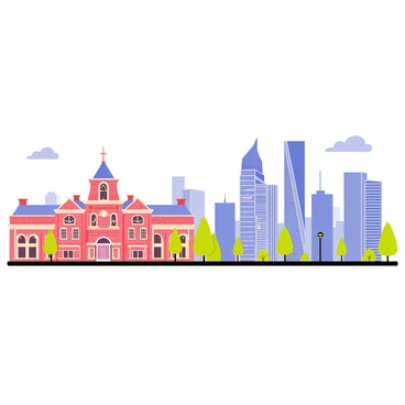 A city skyline with a gradual transition from old to new architecture. The left side features buildings with classic brick facades, ornate designs, and traditional rooftops. As the view moves to the right, the structures change to sleek glass skyscrapers with modern lines and innovative shapes. The sky is clear with a few fluffy clouds, allowing sunlight to illuminate both architectural styles. In the foreground, silhouettes of trees and streetlights create depth and contrast against the skyline.