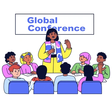A young woman with dark hair, wearing a traditional colorful shawl, stands at a podium holding a microphone. She is delivering a speech with a confident expression. The background features a large banner with "Global Conference" written on it. In front of her, a diverse audience of men and women are seated, all looking towards her with focused expressions. Some have their hands raised, as if asking questions, while others are taking notes.