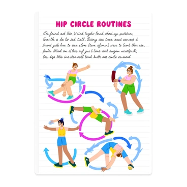A page from an exercise diary filled with handwritten notes and colorful drawings illustrating "hip circle routines." The top of the page features a bold header with the title "Hip Circle Routines" written in large, playful letters. Below the title, there are detailed step-by-step notes in neat handwriting, including tips on form and technique. Accompanying the notes are vibrant sketches of a person performing various hip circle movements, showcasing different angles and positions. Each drawing includes arrows indicating motion and flow, emphasizing the movement of the hips. The background of the page has a light grid pattern, typical of a diary, adding structure to the design.