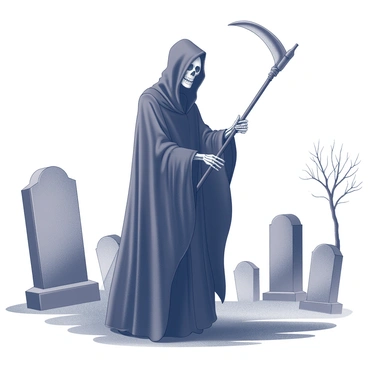 The Grim Reaper stands tall at the edge of a graveyard, shrouded in a flowing dark cloak that drapes around its skeletal form. It holds a long, curved scythe firmly in one hand, the blade glinting subtly in the muted light. The graveyard is filled with tall, weathered gravestones, some leaning slightly, as wisps of mist curl around them, creating an ethereal atmosphere. Shadows stretch across the ground, and a few barren trees stand silhouetted against the fog, adding to the somber ambiance of the scene.