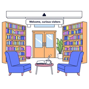 A quaint bookstore with wooden shelves filled with colorful books. The books are stacked neatly, and some are slightly open as if in mid-conversation. Each book has delicate illustrations on the spines. There are comfortable reading nooks with plush chairs placed strategically around the shop. Soft, ambient light filters through large windows, casting gentle shadows. A small table in the center holds a steaming cup of tea next to an open book. A sign above the entrance reads "Welcome, curious visitors!"