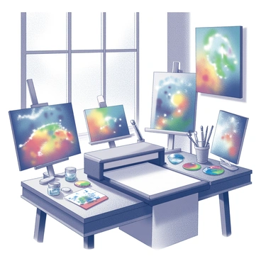 An artist's workspace featuring a flatbed scanner placed on a wooden desk. The scanner is positioned in the center, surrounded by various vibrant paintings displayed on easels and hanging on the walls. Numerous creative tools such as brushes, palettes, and sketchbooks are scattered across the desk. There are tubes of paint and jars filled with water, creating a dynamic atmosphere that reflects artistic expression. The workspace also includes a large window allowing natural light to flood the area, illuminating the vibrant artworks and creating an inspiring environment.