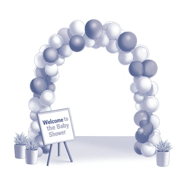 An entrance adorned with a balloon arch. The arch is composed of various round balloons, featuring a mixture of sizes and shapes. The balloons are tightly clustered to form a vibrant and playful display. Below the arch, a welcoming sign is propped up, displaying the words "Welcome to the Baby Shower" in a cheerful font. The ground is covered with a clean surface, and there are decorations on either side of the entrance, such as small potted plants or soft pastel-colored fabrics draped elegantly.