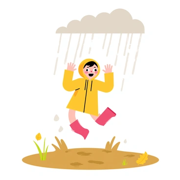 A child wearing a bright yellow raincoat and red rubber boots is jumping joyfully into a large muddy puddle. Water splashes up around the child as they leap, sending droplets flying in all directions. The sky above is gray with heavy rain clouds, and raindrops fall steadily, creating ripples on the surface of the puddle. The child's expression is one of pure joy, with a big smile and wide-open eyes. Nearby, there are small patches of green grass and a few fallen autumn leaves scattered on the ground.