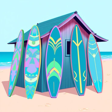A collection of surfboards with vibrant Art Deco patterns, featuring geometric designs and bold colors. They are propped against a rustic beach hut made of weathered wood, with peeling paint and a thatched roof. The surfboards vary in size, showcasing different motifs, such as symmetrical curves and sharp angles in blues, golds, and greens. Sunlight casts soft shadows on the sand, highlighting the textures of the surfboards and the beach hut. In the background, gentle waves can be seen lapping at the shore under a clear blue sky.