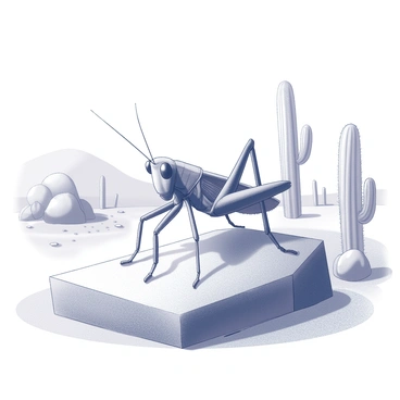 A grasshopper with long legs and large expressive eyes is perched on a sun-bleached rock. The body is textured, showcasing the natural patterns of its exoskeleton. In the background, sparse desert vegetation is visible, including a few hardy cacti and dry shrubs. The landscape is dotted with fine grains of sand, and the sky above is clear and bright. The grasshopper's antennae are raised, sensing the environment, while its position suggests alertness to any potential threats.