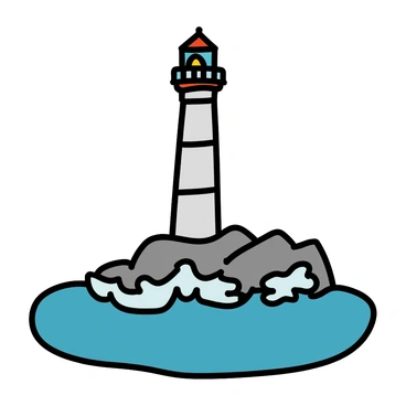 A lighthouse standing tall on a rocky shore with crashing waves splashing against its base. The lighthouse features a tall, cylindrical shape with a light at the top. Surrounding the lighthouse, the waves are depicted in dynamic motion, creating splashes and foam as they hit the rocks. The scene captures the strength and resilience of the lighthouse amidst the turbulent ocean.