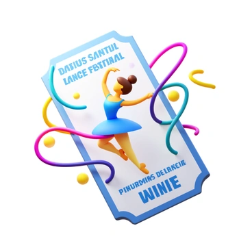 A dance recital ticket featuring a "graceful ballerina" in an elegant pose, wearing a delicate tutu. She is surrounded by "swirling ribbons" in vibrant colors, creating dynamic movement around her. The background of the ticket is adorned with subtle floral patterns that enhance the theme of the performance. The text on the ticket displays the event details in a stylish font.
