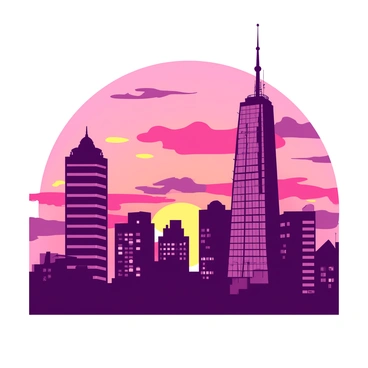 A city skyline at sunset with buildings of varying heights and levels