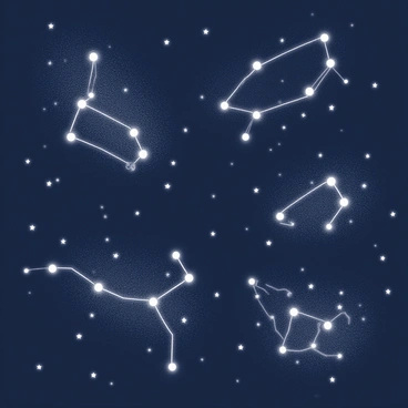 A dark sky filled with numerous stars illuminating the night. The constellations are distinctly depicted in the shapes of various animals. One constellation resembles a "lion," with stars outlining its mane and body. Another constellation takes the form of a "bear," with stars marking its limbs and head. The shapes are connected by thin lines, showing the pattern of each animal. The background is scattered with smaller stars, creating a sense of depth and vastness in the celestial scene.