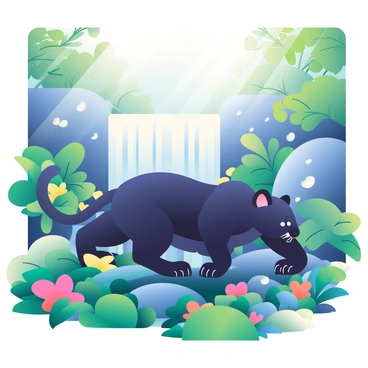 A black panther with glossy fur is crawling stealthily on a bed of lush green foliage near a waterfall. The waterfall cascades down smooth rocks, creating a mist that catches the light. Surrounding the panther are vibrant tropical plants, with large leaves and colorful flowers adding depth to the oasis. The scene is illuminated by soft sunlight filtering through the trees above, casting gentle shadows on the ground. Small droplets of water glisten in the air as they are sprayed from the waterfall, creating a dynamic and lively atmosphere.