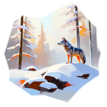 A taiga forest scene featuring tall, snow-covered pine trees stretching towards the sky. The ground is blanketed in a thick layer of fresh snow, glistening in the soft light. In the foreground, a lone grey wolf stands atop a gentle hill, its fur slightly ruffled by the cold wind. The wolf gazes into the distance, showcasing its sharp features and alert posture. Surrounding the wolf, the serene landscape is dotted with patches of darker earth peeking through the snow, enhancing the wintry atmosphere.