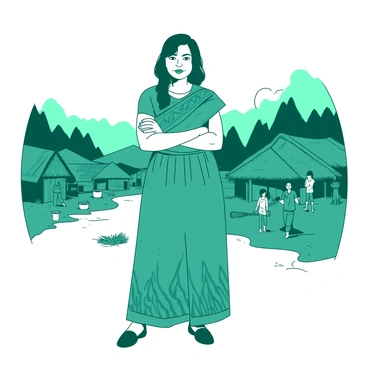 A teal depiction of Kartini standing confidently with her arms crossed against the backdrop of her village. She is wearing a traditional outfit with intricate patterns, and her hair is styled elegantly. The village features traditional houses with thatched roofs and lush greenery surrounding them. In the background, there are a few villagers engaged in daily activities, contributing to the lively atmosphere of the scene. The sky above is clear, enhancing the overall sense of confidence and strength in her stance.