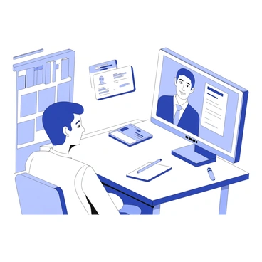 A person is sitting at a desk, engaged in a video call with a bank officer displayed on the computer screen. The individual on the left is facing the screen, and their expression shows concentration. There is a stack of identification documents on the desk beside them, including a driver's license and a bank statement. The computer monitor shows the bank officer, who is wearing a suit and has a professional demeanor, speaking directly to the person. A notebook and a pen are also on the desk, indicating that the person is taking notes during the call. The background features a bookshelf, adding to the sense of a home office environment.