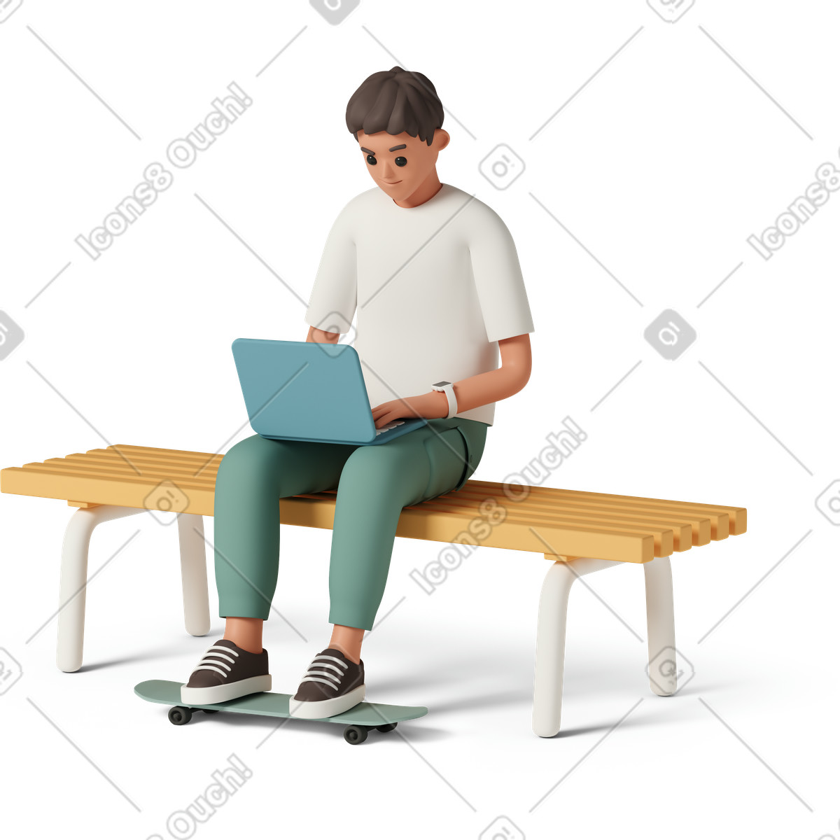 Sitting on bench with laptop, feet skateboard-Illustration im 3D Casual life-Stil als Download in PNG, SVG