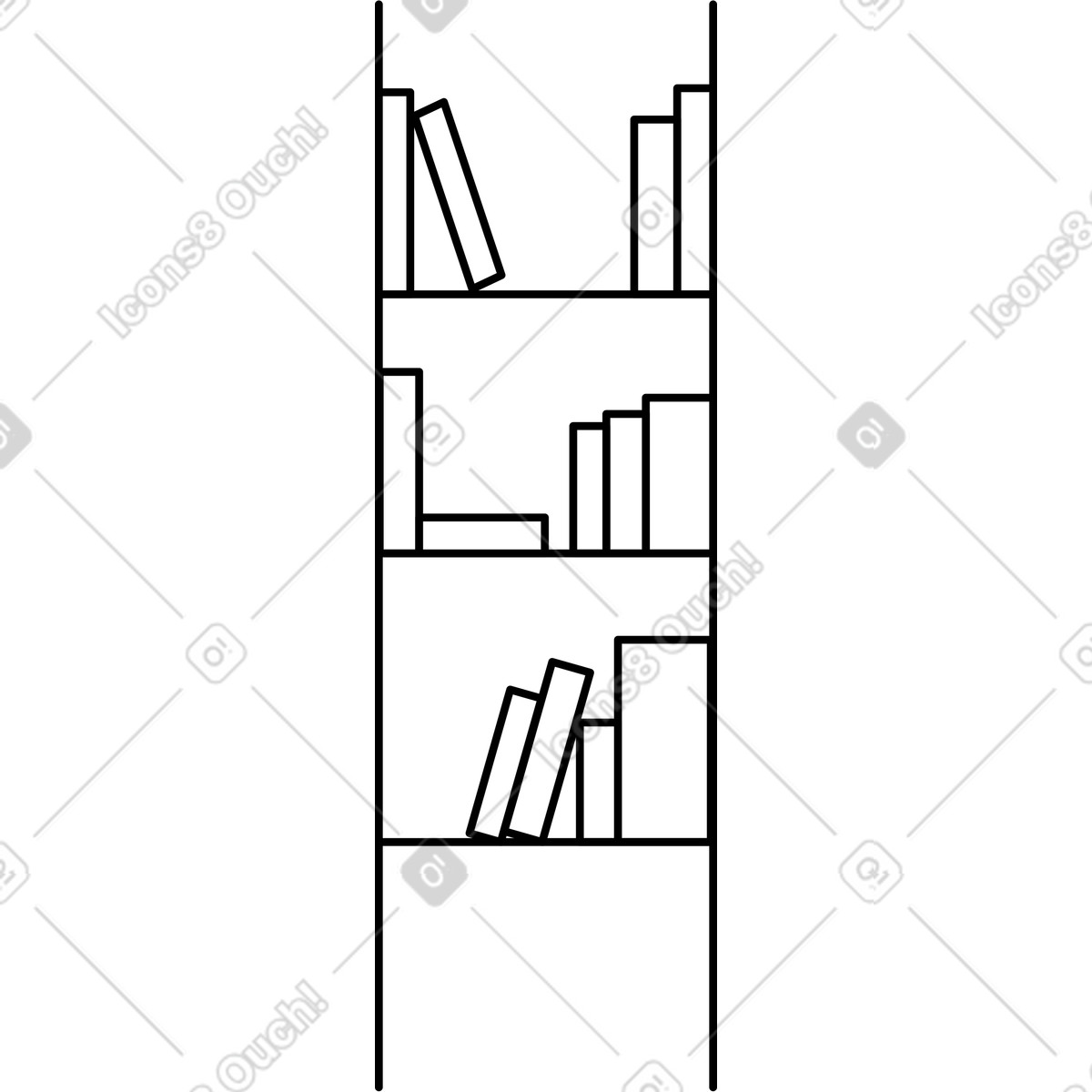 Bookcase shelves with neatly arranged standing and leaning books outline illustrazione in stile Notion Line Art scarica in PNG, SVG