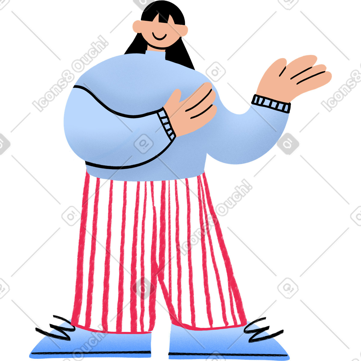 Bonny 스타일의 Woman with long black hair standing one of her hands up 일러스트레이션 PNG, SVG 다운로드