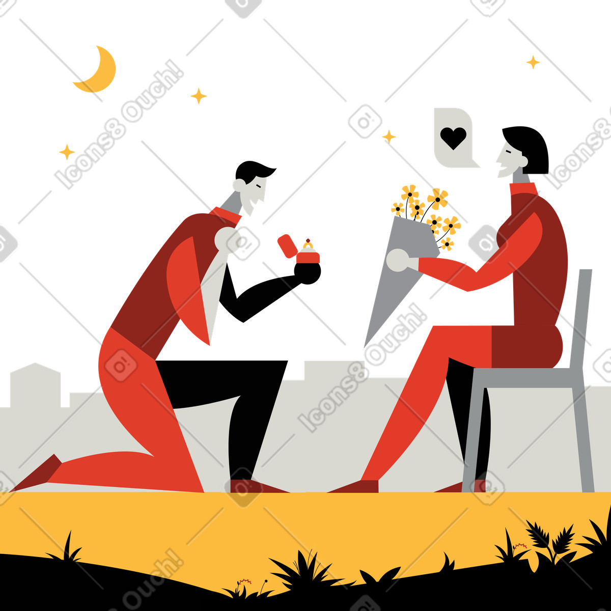 Outdoor romantic marriage proposal with moon and flowers, Love commitment illustrazione in stile Burgundy scarica in PNG, SVG