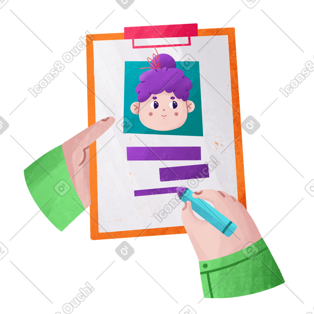 Frau füllt einen fragebogen über sich selbst aus-Illustration im Bonbon-Stil als Download in PNG, SVG