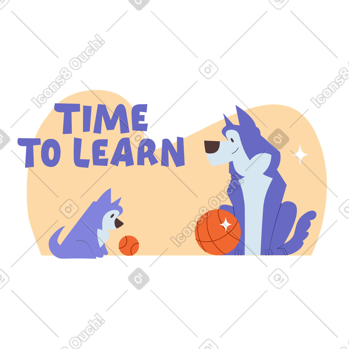 Ilustração de Hora aprender letras com um cachorro ensinando cachorrinho a jogar bola em no estilo Woof para baixar em PNG, SVG
