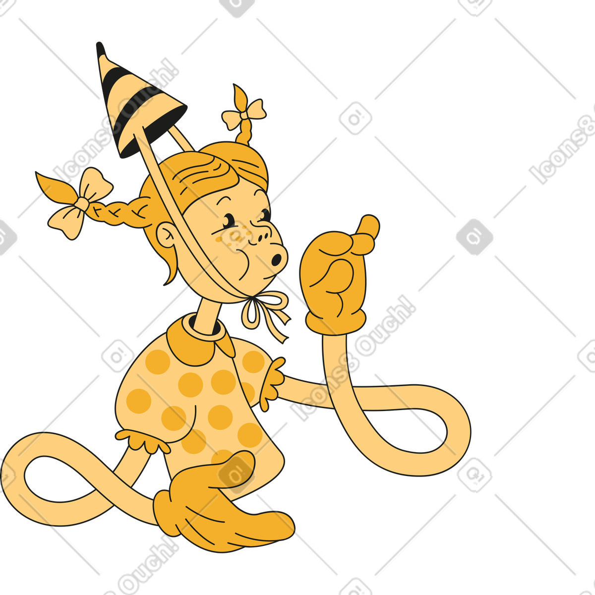 Ilustração de Cartoon child with braids in party hat and polka dot dress em no estilo Rubber para baixar em PNG, SVG