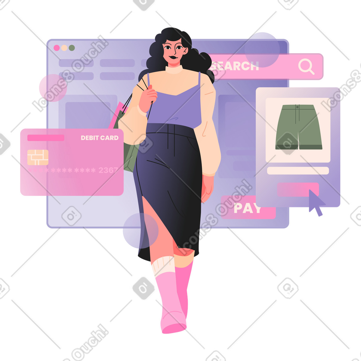 Junge frau beim online-shopping animierte Illustration im Coworking-Stil als Download in GIF, Lottie (JSON), AE