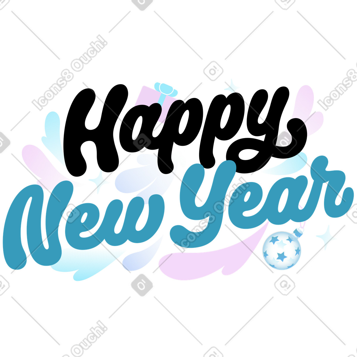 下载 Airy 风格的 Happy New Year festive lettering, Holiday greeting card 插画，支持 PNG、SVG 格式