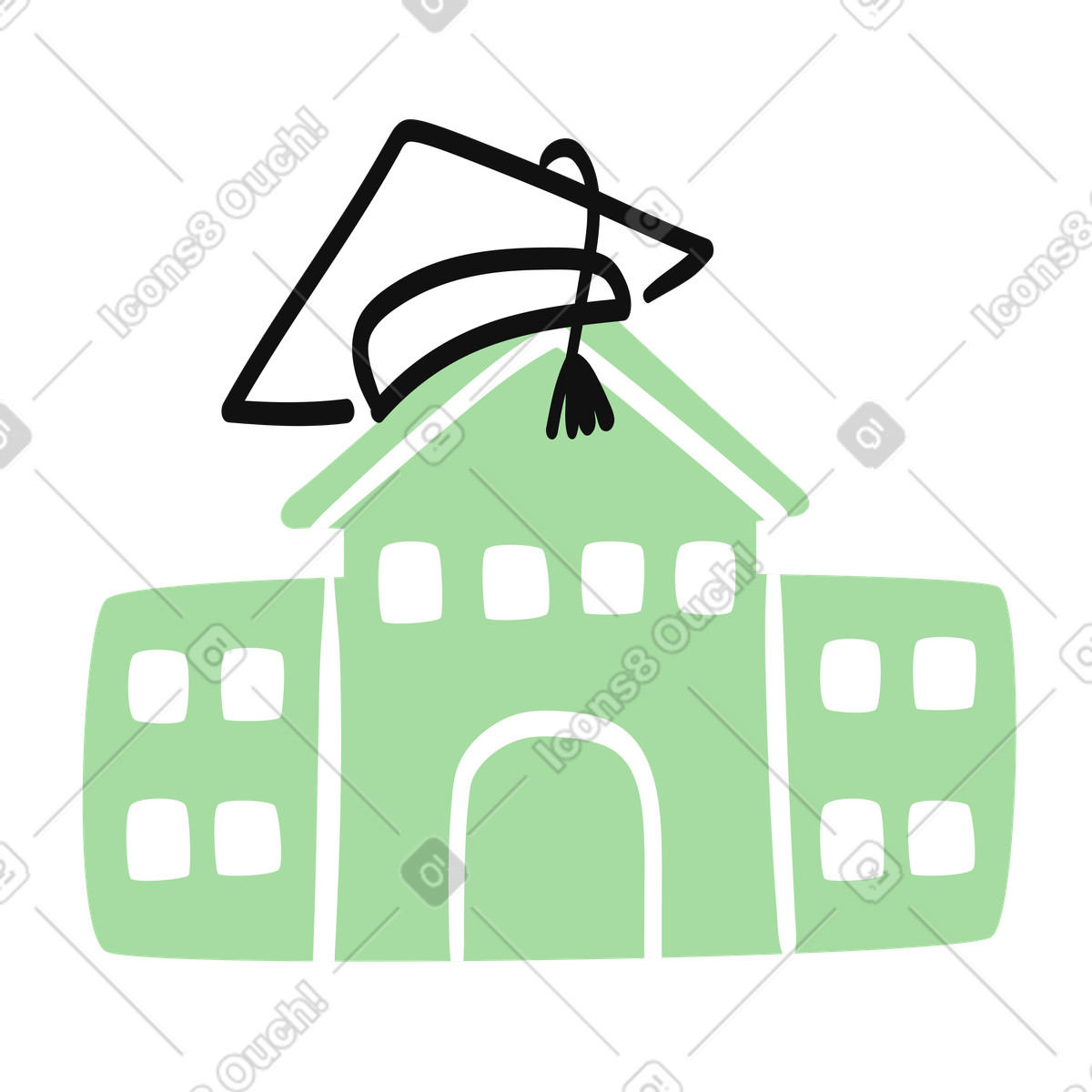 Ilustración Graduation cap on university building symbolizing higher education success en estilo Organic a descargar en PNG y SVG