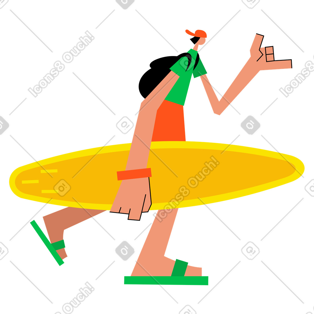 Surfista che cammina con la tavola da surf illustrazione animata in stile Warp scaricabile in GIF, Lottie (JSON), AE