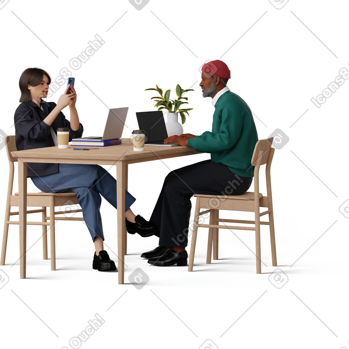 3D Hygge 스타일의 Young woman taking picture of man working on laptop 일러스트레이션 PNG, SVG 다운로드