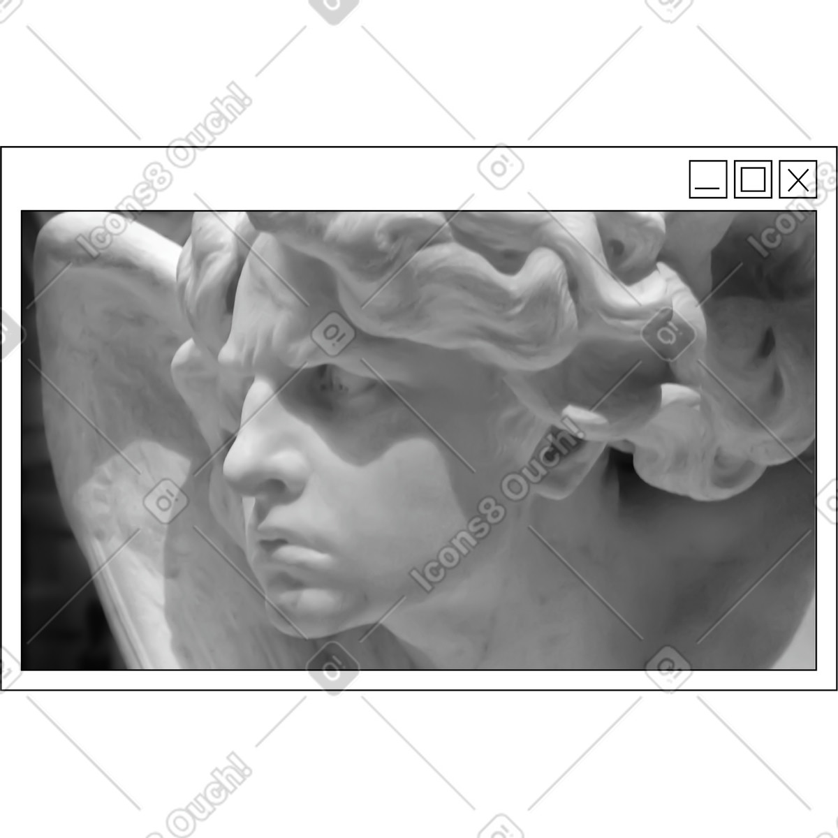 Browser window with photo of sculpture illustration in Jumble style download in PNG, SVG