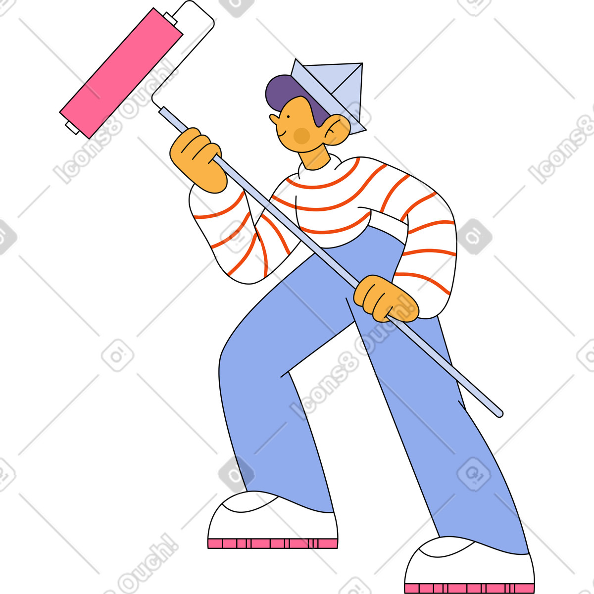 Wall painter illustration wearing a striped shirt with paint roller clipart for painting graphics
