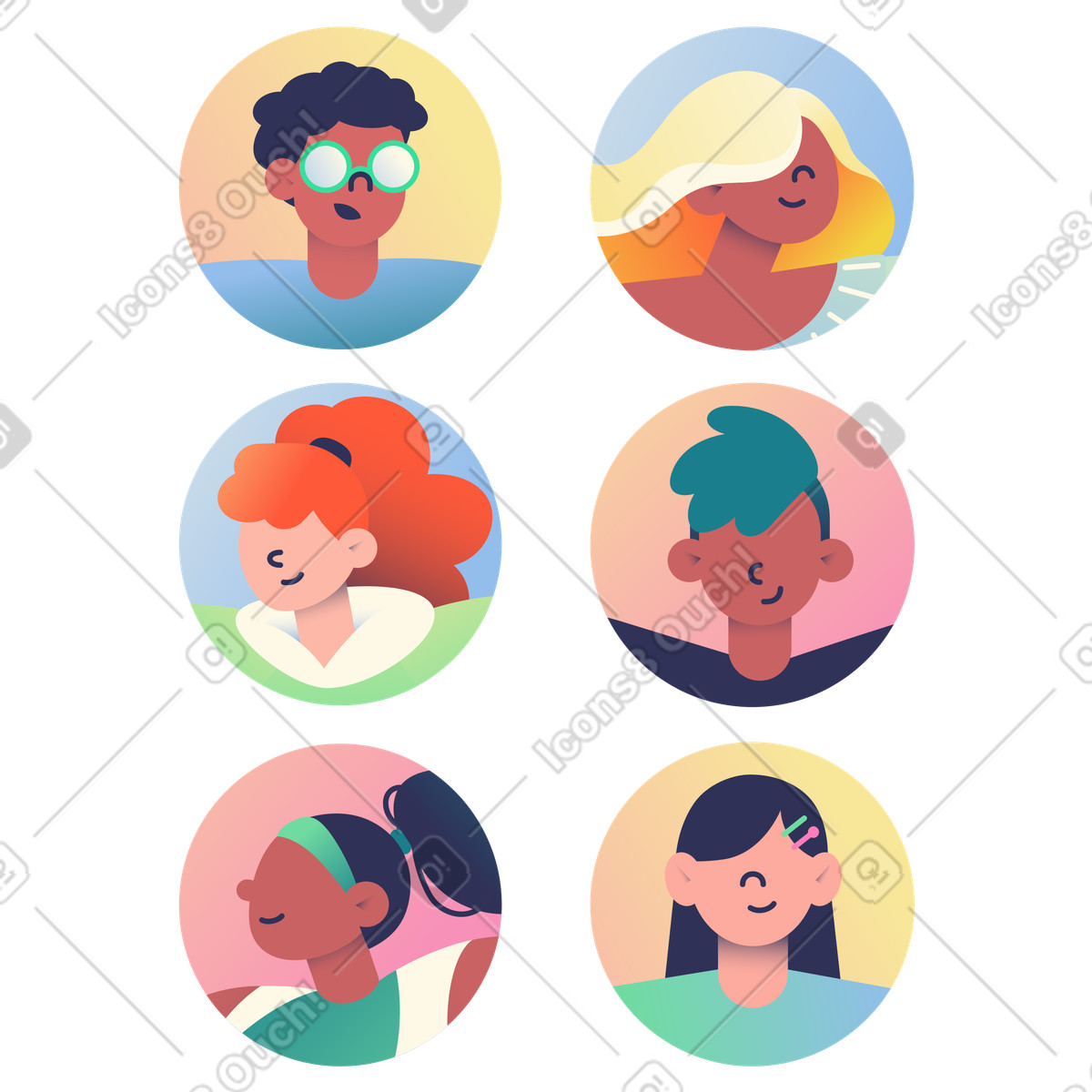 Icone di personaggi unici nei cerchi, avatar del profilo e diversità team, identità per siti web app illustrazione animata in stile Beam scaricabile in GIF, Lottie (JSON), AE