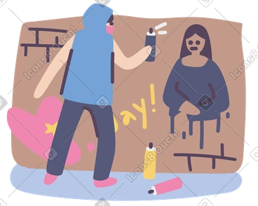 Man in a mask and a hood spraying graffiti on a brick wall PNG, SVG