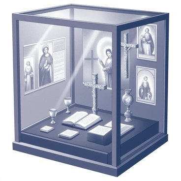 A glass display case is positioned in the center of a church museum. Inside the case, several sacred relics are arranged meticulously on a velvet-lined surface. The relics include ornate crucifixes, intricately designed chalices, and ancient manuscripts. The case itself is framed with dark wood, enhancing the solemn atmosphere. Dim lighting casts soft shadows, highlighting the intricate details of each relic. The surrounding walls are adorned with historical paintings depicting religious scenes, providing context to the artifacts on display.