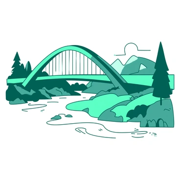 A teal modernist bridge with a sleek, innovative design arches elegantly over a flowing white river. The structure features sharp angles and smooth lines, reflecting contemporary architectural styles. Nearby, a second bridge, also in teal, showcases a unique twisting form that adds a dynamic feel to the scenery. The riverbank is lined with vibrant green trees, contrasting against the smooth surface of the water. The overall scene conveys a sense of modern engineering harmoniously integrated with nature.