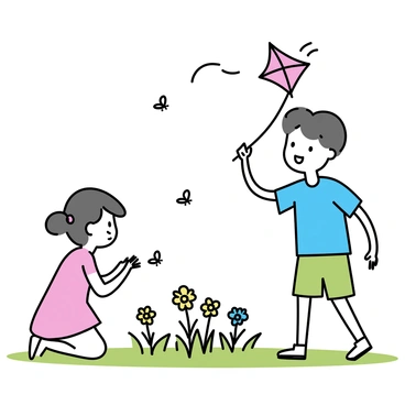 Two children are playing in a sunlit garden, surrounded by colorful flowers. One child, a boy wearing a blue t-shirt and green shorts, is flying a red kite that dances in the wind. The other child, a girl with pigtails, is wearing a pink dress and is crouched down, examining a patch of bright yellow daisies. The sunlight casts gentle shadows on the grass, and butterflies flutter around, adding to the vibrant scene.
