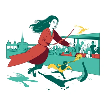 A teal quidditch player is soaring in mid-air on a broomstick, with a look of intense concentration on their face. The player is dressed in a vibrant red uniform, and their hair is flowing behind them. In the background, another player in a yellow uniform is diving to intercept a fast-moving golden snitch, which is glimmering in the sunlight. Spectators can be seen in the blurred outline of the stands, cheering passionately. The scene captures the excitement and energy of the match, with players positioned in dynamic poses, emphasizing the thrill of the game.