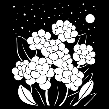 Hydrangeas glowing softly under the moonlight with a starry sky backdrop