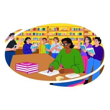 An illustration expert sitting at a wooden table in a brightly lit bookstore. The expert has short, dark hair and is wearing round glasses. They are focused on signing copies of their new art book, which features a colorful cover with intricate designs. Stacks of the art book are piled on the table beside them. A small crowd of enthusiastic fans is gathered around, some holding books, while others are taking photos. The bookstore is filled with shelves of books featuring various genres and a warm, inviting atmosphere. "Book Signing Event" is displayed on a small sign in front of the table.