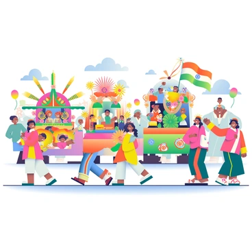 A vibrant parade is taking place with a variety of colorful floats decorated with flowers and streamers. Each float represents different cultural themes, showcasing intricate designs and vivid colors. Marching bands in bright uniforms are walking alongside the floats, playing lively music. There are performers dancing energetically, and spectators can be seen cheering in the background. Flags are being waved, and balloons are floating in the air, adding to the festive atmosphere of the Republic Day celebration. Bright sunlight illuminates the scene, highlighting the joyful expressions of the participants and onlookers.